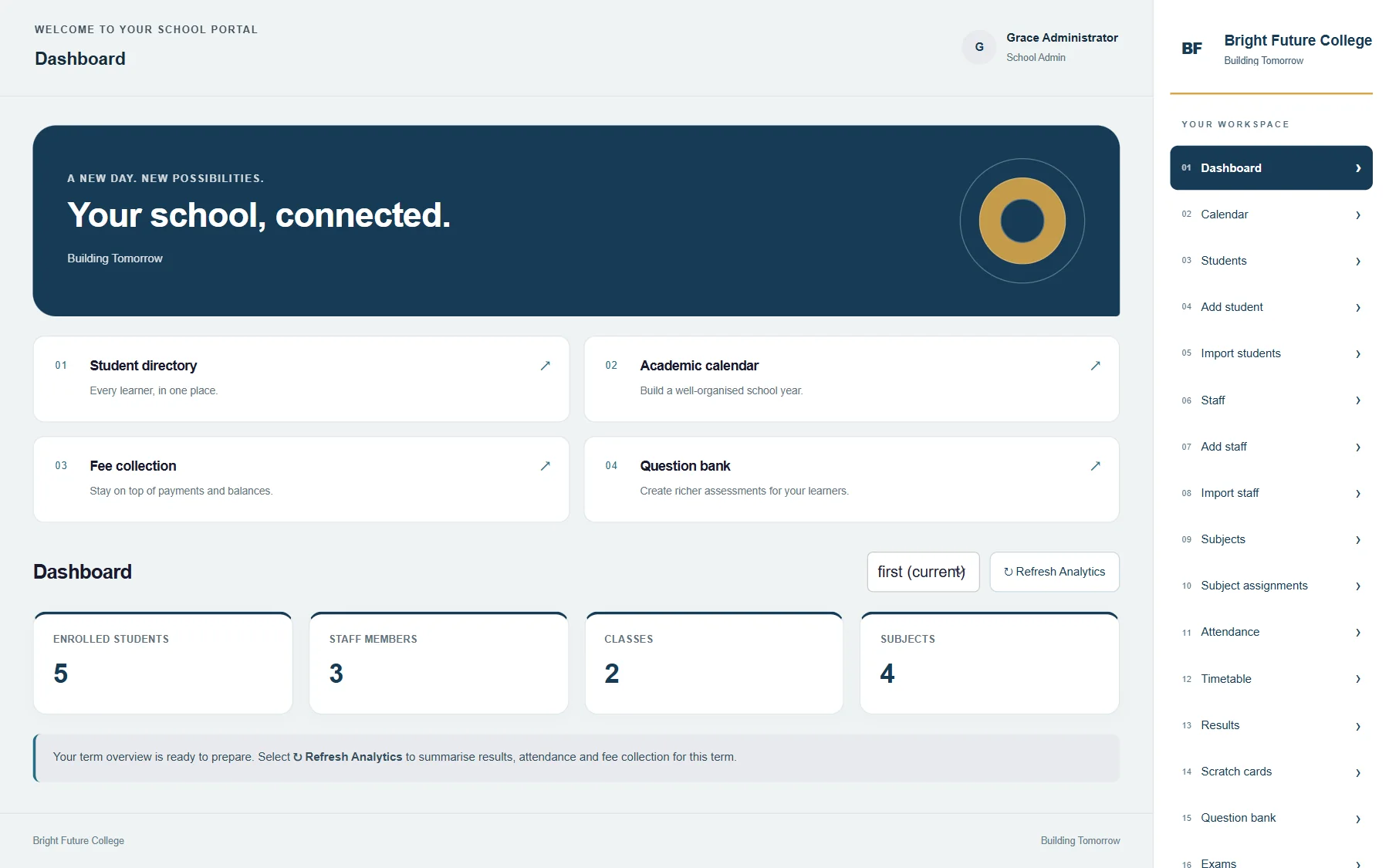 Paideia administrator dashboard showing school operations